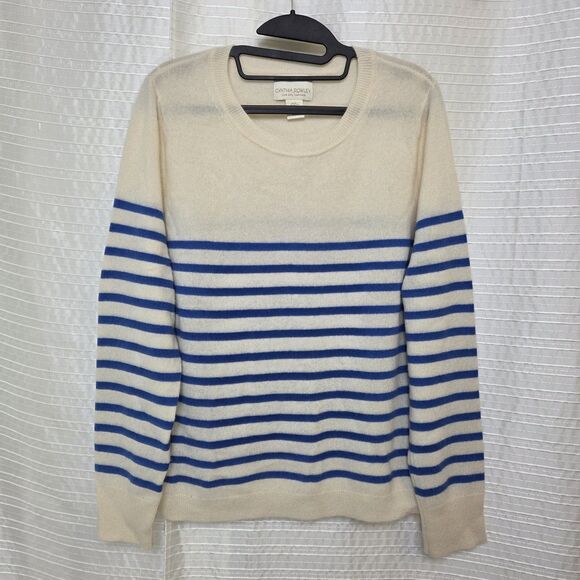 Cynthia Rowley Cashmere Sweater Round Neck Women's L/XL Cream-Blue Stripes - Picture 7 of 7